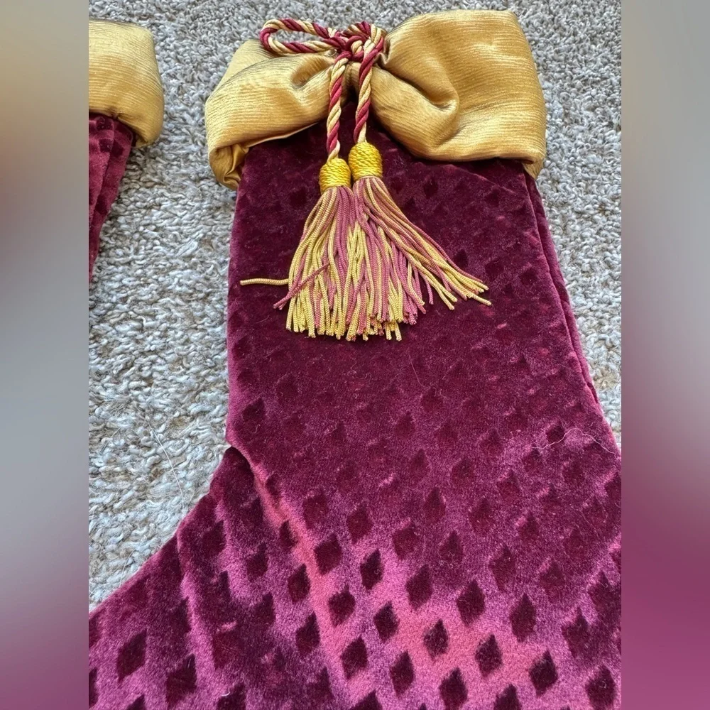 3 Russ Velvet Christmas Stocking Set Luxe Tassels Cording Gold and Burgundy